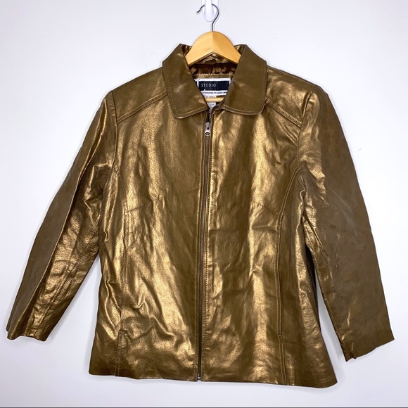 JL Studio Jessica London Gold Bronze Leather Jacket Size 14W - Picture 1 of 6